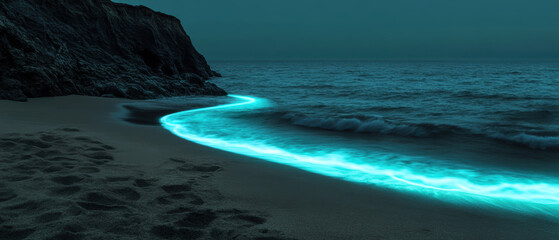 Wall Mural - A beach at night with a glowing blue line in the water