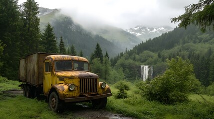 Wall Mural - Old Truck Abandoned in the Middle of the Forest Covered with Vegetation, Photo Realistic, Standard Background, Wallpaper, Cover and Screen for Smartphone, PC, Laptop, 9:16 and 16:9 Format