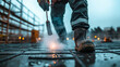 © Maksym - A close-up view of a workerâs hands using a blowtorch to seal the edges of a bitumen membrane, smoke gently rising into the air, with the structured rooftop and scaffolding surroun