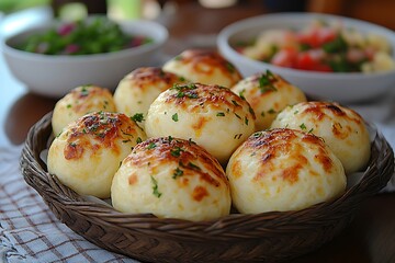 A basket of golden, cheesy bread rolls with green garnish.