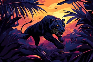 A Black Panther Emerging from a Tropical Sunset