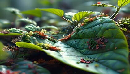 Wall Mural - Microbial Community Flourishing on Leaf Surface Enhancing Plant Defense and Unveiling Phyllosphere Ecology Marvels