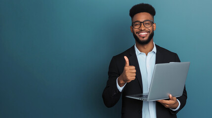 a smiling software developer holding a laptop, giving a thumbs up, standing against a minimal backgr
