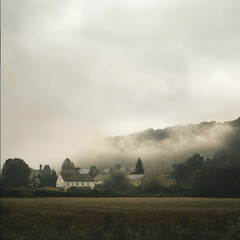 White fog cloud in front off a medievalle village , view from the fields