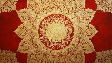 Intricate gold floral pattern on a red background.