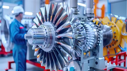 Detail of the metal turbine mechanism. Large shiny steel equipment with blades. A machine with many gears and a shiny metallic appearance. Illustration for poster, cover, brochure or presentation.