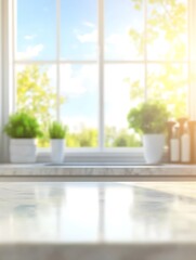 Canvas Print - Empty countertop with window view of green plants, sunlight, and blue sky, mockup for product display