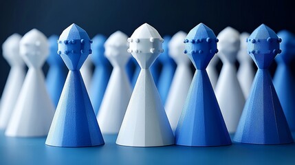 A vibrant arrangement of blue and white game pieces, symbolizing strategy, teamwork, and competition in a modern setting.