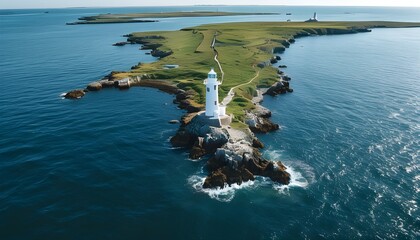 Wall Mural - Aerial view of Phare des Baleines lighthouse overlooking the sea on Ile de Ré, showcasing stunning coastal scenery and historical architecture