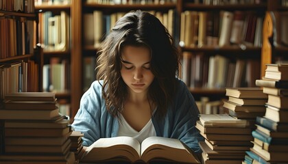 Wall Mural - Focused student immersed in learning within a tranquil library, surrounded by shelves of books and the essence of academic pursuit and knowledge