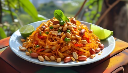 Vibrant plate of pad Thai, adorned with peanuts and lime, showcasing the essence of Thai street food culture