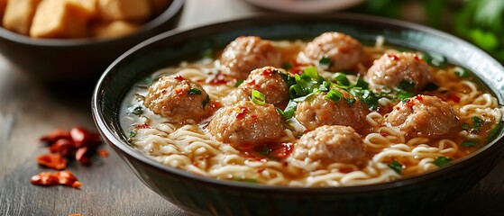 A bowl of meatball soup with noodles and garnishes.