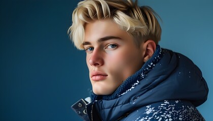 Wall Mural - Winter-themed portrait of a young blond Caucasian man against a blue backdrop