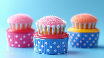 Colorful, decorative cupcakes topped with vibrant frosting and sprinkles, perfect for parties and celebrations.