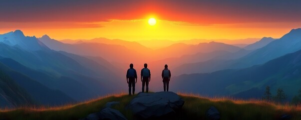 Three individuals stand on a mountain peak, gazing at a stunning sunset over a vast landscape of hills and valleys.