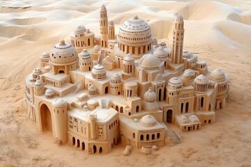 Desert fantasy science fiction cities rise from the sands, filled with advanced technology and mysticism