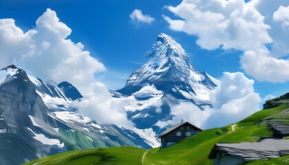 Wall Mural - Majestic Matterhorn summit surrounded by snow clouds and a vibrant blue sky in the enchanting summer landscape of Zermatt, Switzerland