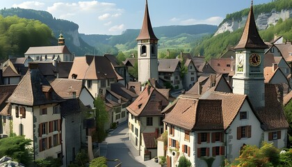 Wall Mural - Medieval charm of Gruyeres village showcasing the castle, quaint houses, and Saint Theodule church bell tower in picturesque La Gruyere, Switzerland