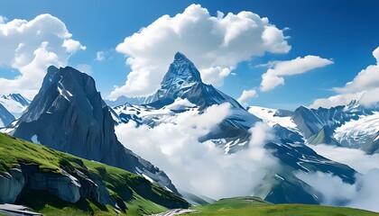 Wall Mural - Majestic Matterhorn summit surrounded by snow clouds and a vibrant blue sky in the enchanting summer landscape of Zermatt, Switzerland