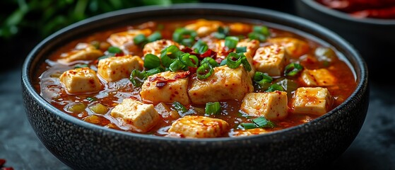 A bowl of spicy tofu dish garnished with green onions.