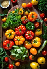 Wall Mural - vibrant vegetarian meal displayed colorful background featuring fresh ingredients bright colors, backdrop, vegetables, herbs, presentation, cuisine, food