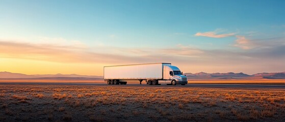 A truck drives along an empty highway at sunset in a vast desert landscape with mountains in the distance