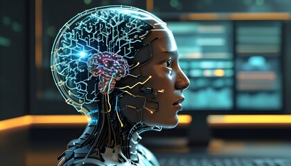 Wall Mural - Futuristic Brain-Computer Interface Visualizing the Potential of Brain Implants and Generative AI Technology