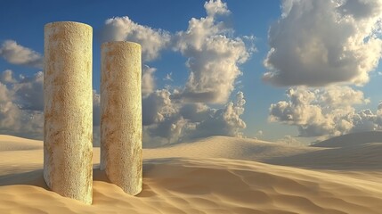 Two ancient stone pillars rise against a dramatic sky in a vast desert landscape, evoking mystery and timelessness.