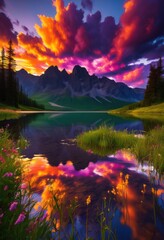 Wall Mural - vibrant scenic landscape illuminated breathtaking sunset colors rich hues striking cloud patterns, scenery, sky, clouds, evening, nature, view, light