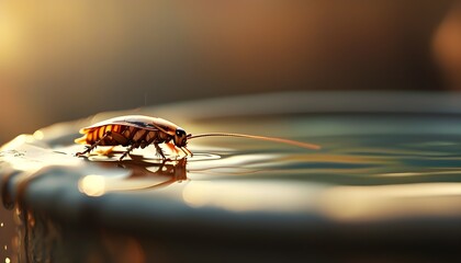 Cockroach perched on container edge with water reflection in warm, blurred background