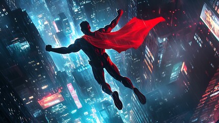 Superhero Soaring Through a Rain-Soaked Cityscape