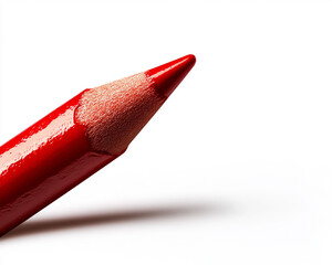 A close-up of a vibrant red colored pencil tip against a clean white background, highlighting its texture and sharpness.