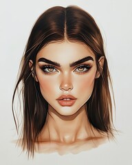 Wall Mural - Digital Illustration of a Beautiful Woman with Long Brown Hair and Makeup