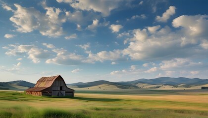 Canvas Print - Timeless beauty of expansive rural landscape featuring rustic barns and vintage tractors amid rolling hills and open skies