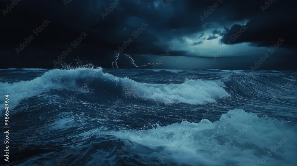 Powerful stormy ocean waves under a dark sky, with lightning bolts ...
