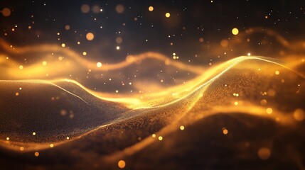 Wall Mural - A mesmerizing abstract scene of golden waves flowing with glowing particles.