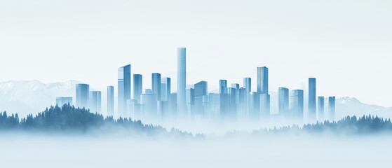 Silhouetted city skyline with misty mountains, peaceful atmosphere, and soft blue tones.