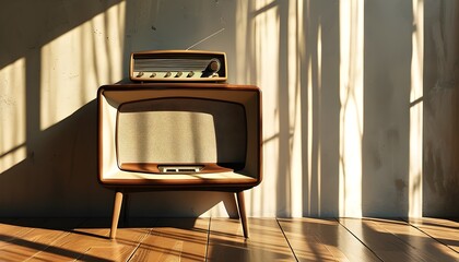 Wall Mural - Nostalgic vintage radio casting shadows on a sunlit wall and wooden floor, embodying timeless simplicity and warm memories