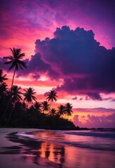 Wall Mural - vibrant tropical paradise featuring dark palm silhouettes colorful twilight sky, horizon, nature, landscape, evening, beauty, scene, trees, gradient, dusk