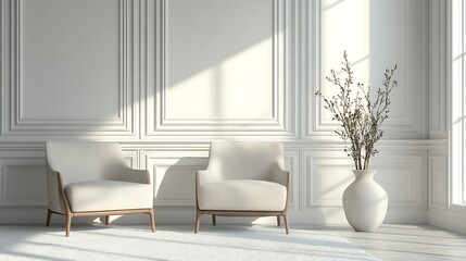 Two White Armchairs in a Modern, White Room with Ornamental Molding