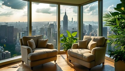 Wall Mural - Sunlit cozy armchairs in a high-rise apartment surrounded by lush plants and a tranquil urban view