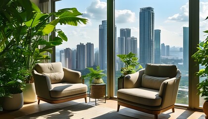 Wall Mural - Sunlit cozy armchairs in a high-rise apartment surrounded by lush plants and a tranquil urban view