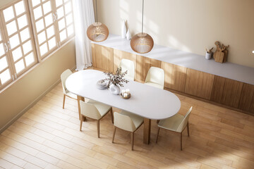 High angle view of minimal style modern contemporary dining room interior 3d render there are wooden floor, Decorated with white top table and fabric chair, large sunlight entering the room.