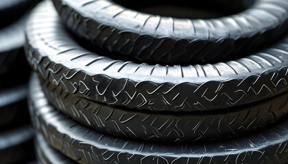 Textured close-up of stacked black rubber rings showcasing industrial elegance and shiny surfaces through repetitive geometric shapes