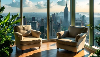 Wall Mural - Sunlit cozy armchairs in a high-rise apartment surrounded by lush plants and a tranquil urban view