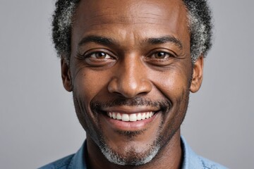 Full framed very close face portrait of a smiling 40s african american man with gray eyes looking at the camera, studio shot,gray background.