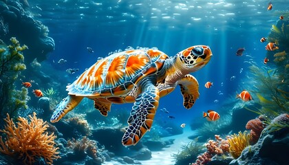 Wall Mural - Vibrant underwater scene featuring a sea turtle amid colorful fish, lush seaweed, and stunning corals in crystal-clear turquoise waters