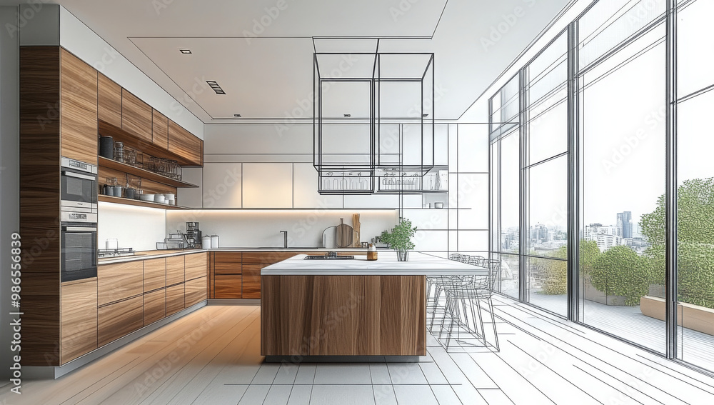 An abstract sketch design of an interior kitchen is rendered in 3D ...