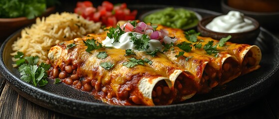 A delicious plate of enchiladas with sides of rice and salsa.