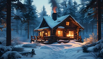 Wall Mural - Warmly lit log cabin in a snowy forest with gentle smoke rising from the chimney, creating a serene winter evening atmosphere